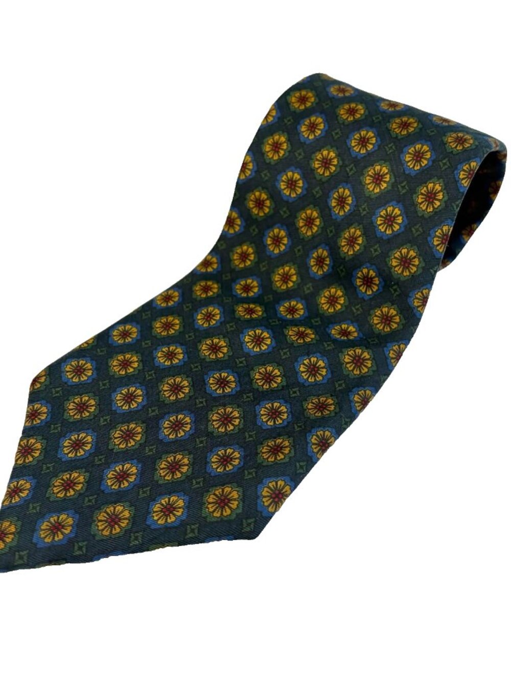 VTG Henri Christian Wide Silk Tie 4" Floral Medallion Foulard Hand Printed